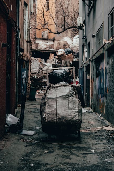 A narrow urban alleyway filled with accumulated rubbish, including large black trash bags, cardboard boxes, and various debris piled against a makeshift barricade in the background. The ground is stained with dirt and liquid runoff, reflecting the dim, overcast lighting. On the left side, a traffic cone and some scattered waste are visible, while the right side features graffiti-covered walls with metal bars or grilles. Dead trees with bare branches are visible above the waste stacks, and the overall scene suggests a privately managed rubbish collection or on-site clearance operation, characteristic of non-local-authority waste handling services. Rubbish Removal Sutton’s presence is implied through the scene’s focus on waste accumulation in an urban environment before collection or disposal, illustrating typical circumstances where alternative waste removal solutions are employed. The image emphasizes the cluttered, unkempt state of waste awaiting removal, highlighting the importance of professional rubbish removal services for maintaining street cleanliness and environmental responsibility.